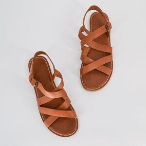 Toms Sicily Flat Sandals Tan Leather Size 7.5 Comfort Strappy Buckle Criss Cross